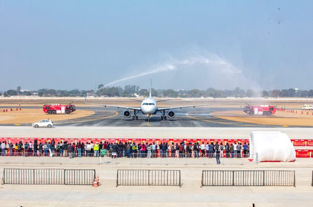 IndiGo Flight Receives Water Salute as Noida’s Jewar Airport Completes Successful Test Landing IndiGo Flight Receives Water Salute as Noida’s Jewar Airport Completes Successful Test Landing