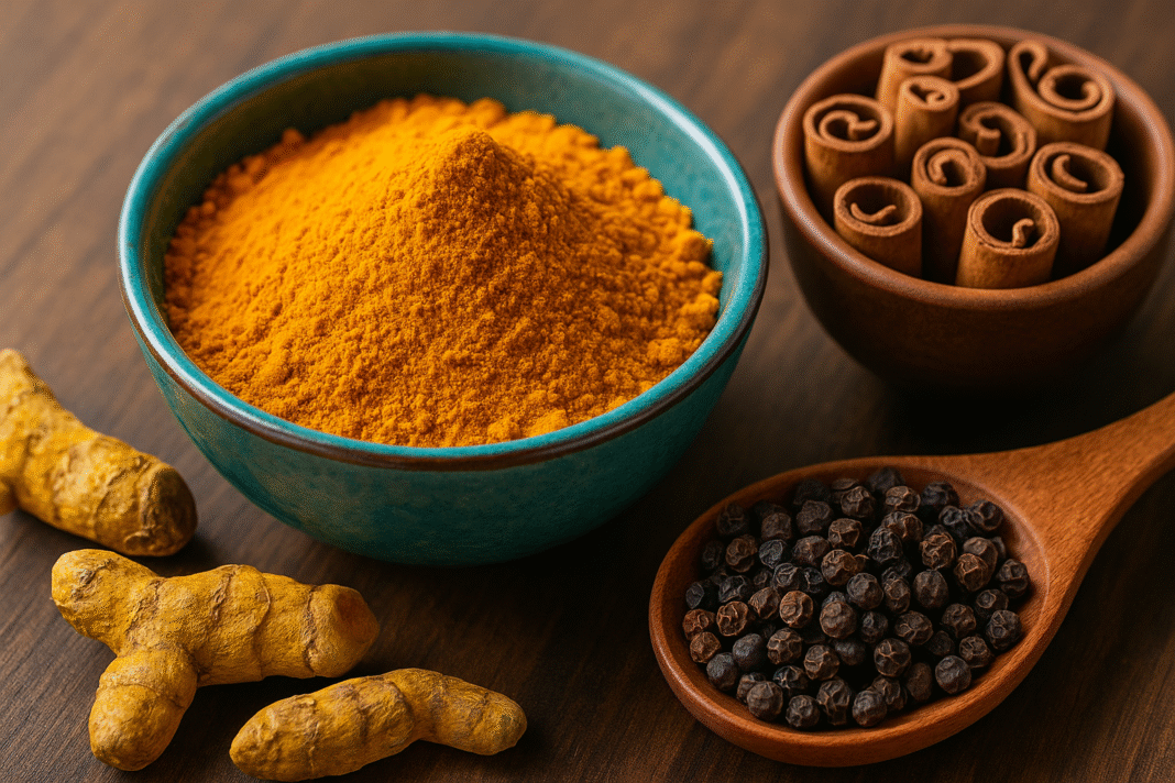 Colorful spices like turmeric, cinnamon, cardamom, and black pepper displayed on a rustic wooden table, highlighting their medicinal benefits