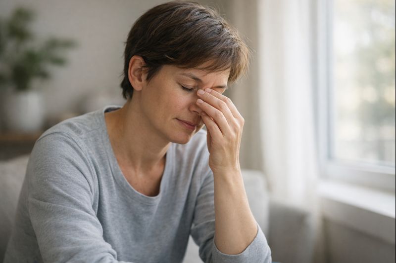 A healthy adult sitting near a window in soft morning light, gently rubbing their eyes and reflecting on quiet fatigue — Sampadak Express health feature.