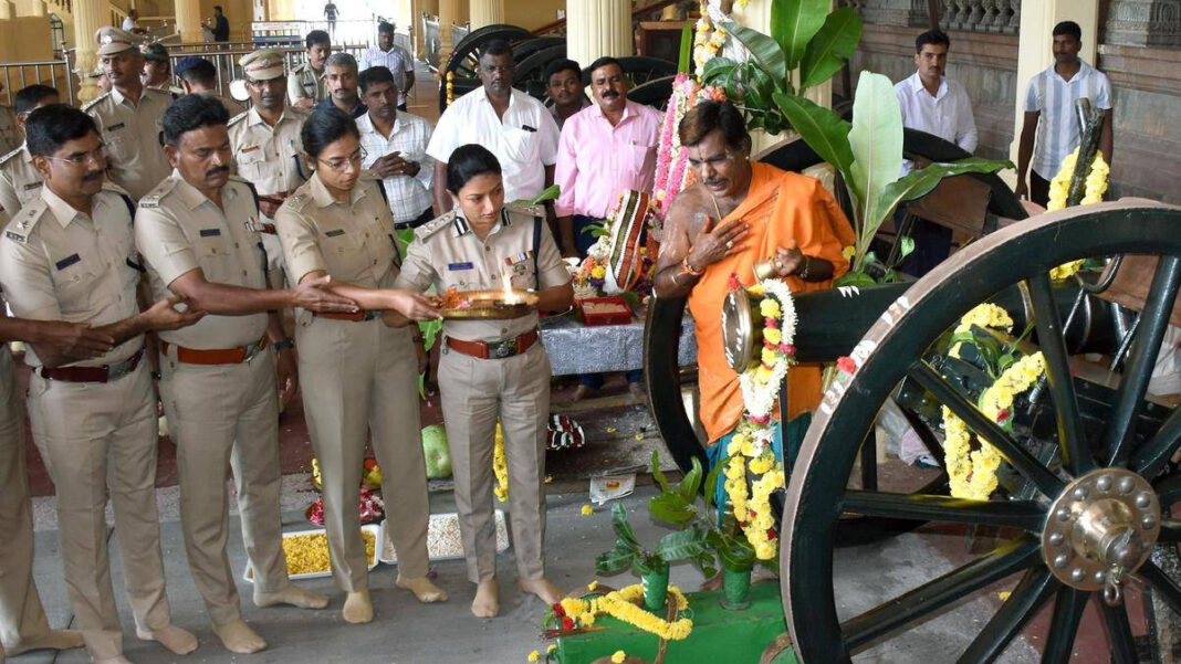 Palace Cannons Prepared to Acquaint Dasara Elephants for Festivities "Palace Cannons Set to Welcome Dasara Elephants for Grand Festivities"