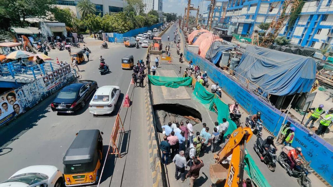 Car falls into sinkhole as road caves in near Chennais Tidel Park